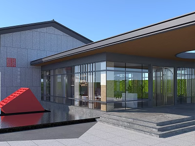 Modern Sales Office Building With Glass Facade Stone Walls Red Sculpture And Water Feature 3d model