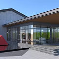Modern Sales Office Building With Glass Facade Stone Walls Red Sculpture And Water Feature