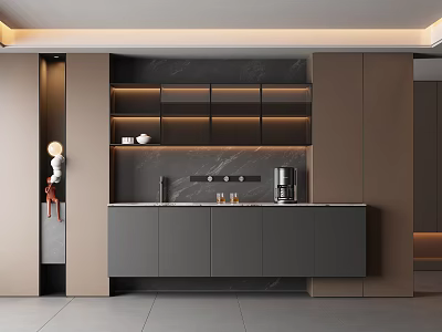 Elegant Modern Sideboard With LED Strip Lighting Marble Countertop Gray Cabinet Doors And Open Design 3d model