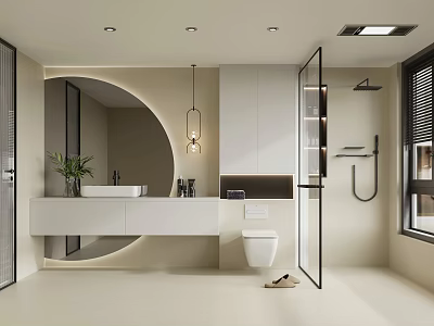 Modern Bathroom Interior With Round Mirror Floating Vanity And Glass Shower Enclosure 3d model