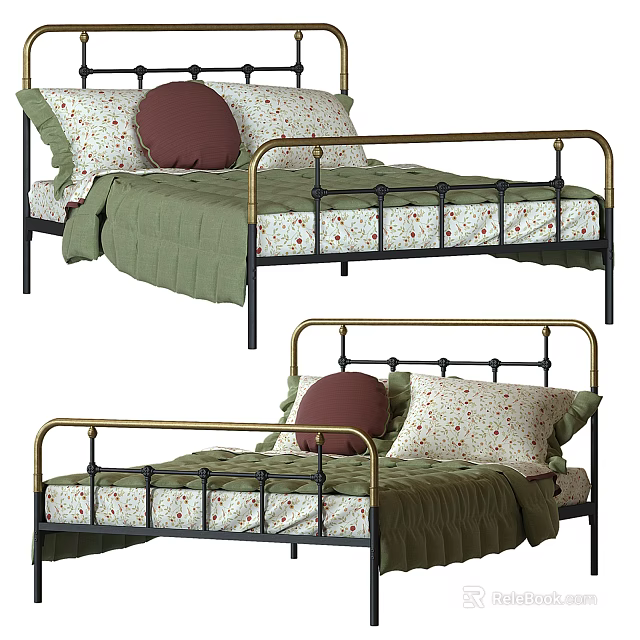 Stylish Double Bed With Black Gold Metal Frame Floral Pillows And Green Quilt Design 3d model 