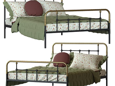 Stylish Double Bed With Black Gold Metal Frame Floral Pillows And Green Quilt Design 3d model