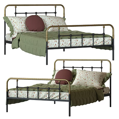 Stylish Double Bed With Black Gold Metal Frame Floral Pillows And Green Quilt Design 3d model