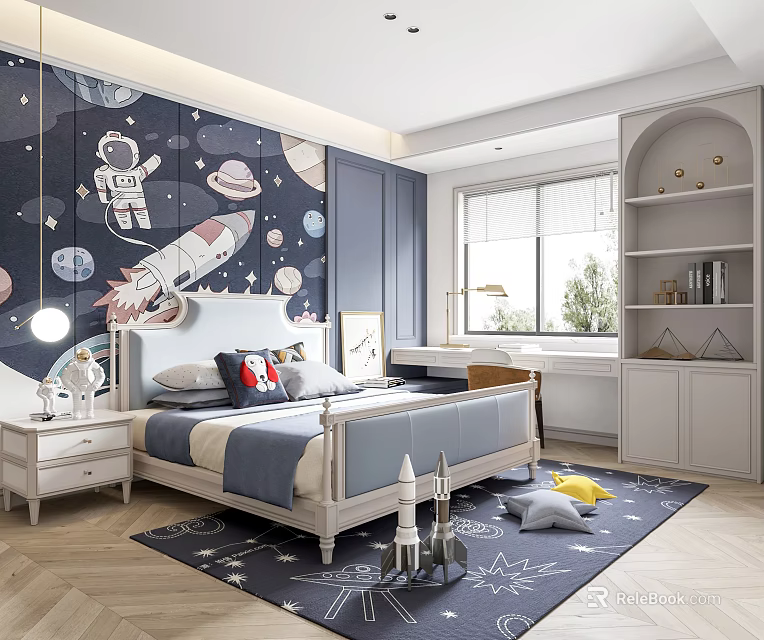 Space Themed Kids Room with White Bed Astronaut Wall Art Rocket Model and Star Rug 3d model 