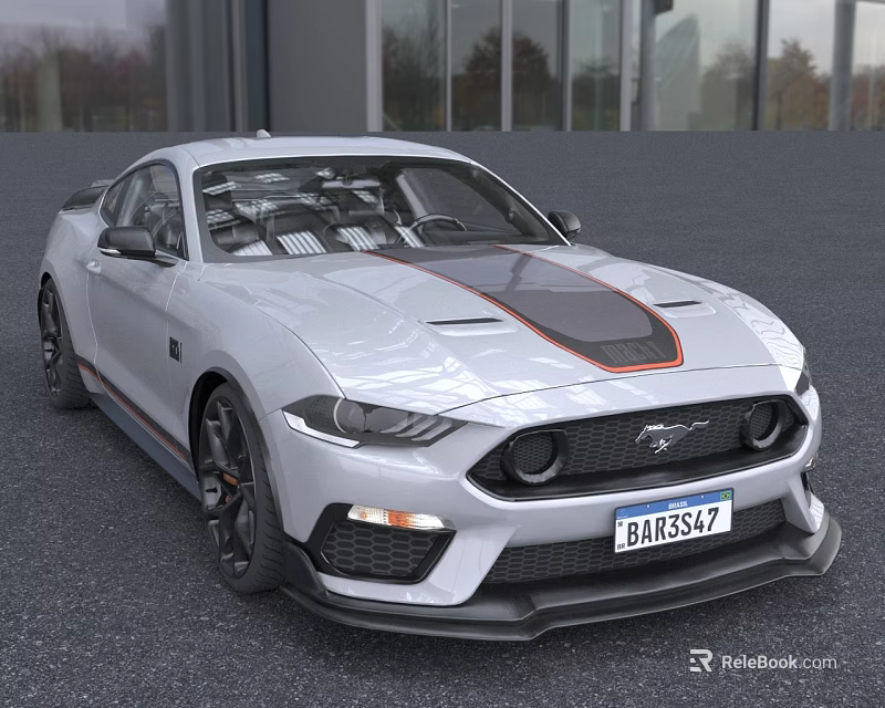 White Ford Mustang Sporty Coupe With Black Red Stripes And Bold Front Design 3d model 