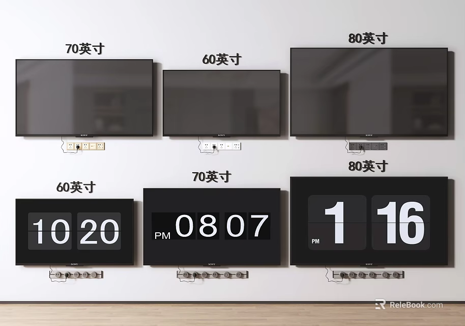TV Screens in 60 Inch 70 Inch and 80 Inch Sizes with Time Display Function 3d model 