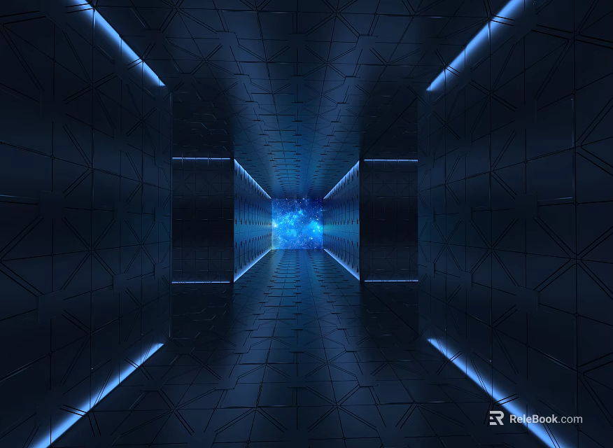 Futuristic Elevator Corridor With Dark Blue Geometric Patterns Blue Lighting And Glowing End 3d model 