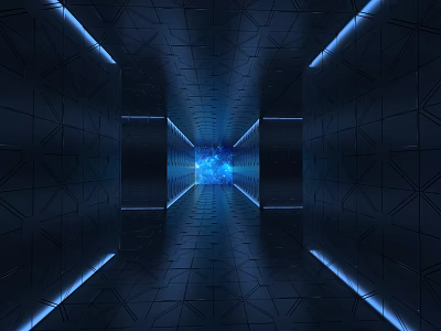 Futuristic Elevator Corridor With Dark Blue Geometric Patterns Blue Lighting And Glowing End 3d model