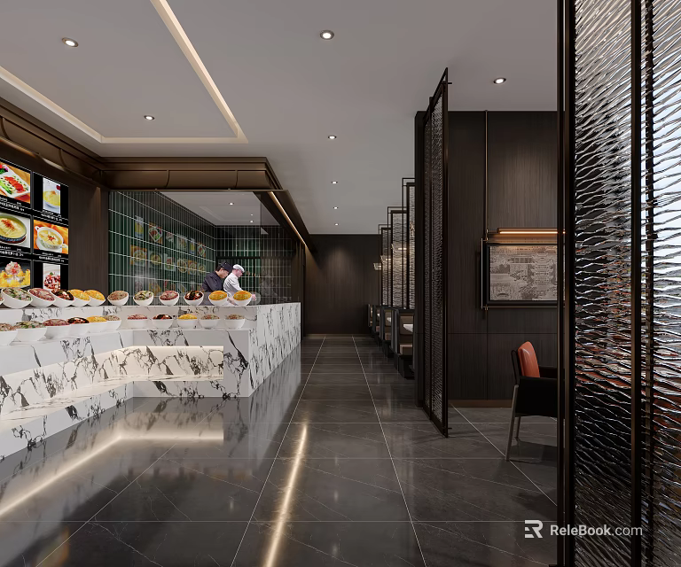 Modern Restaurant Interior With Marble Buffet Counter Dark Wood Decor And Seating Area 3d model 