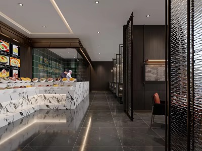 Modern Restaurant Interior With Marble Buffet Counter Dark Wood Decor And Seating Area 3d model