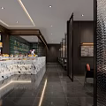 Modern Restaurant Interior With Marble Buffet Counter Dark Wood Decor And Seating Area