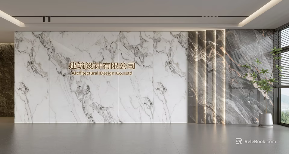 Modern Marble Feature Wall With Golden Architectural Design Text And Lighting 3d model 