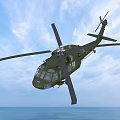 Green Military Helicopter Flying With Landing Gear Down Over Ocean Under Blue Sky