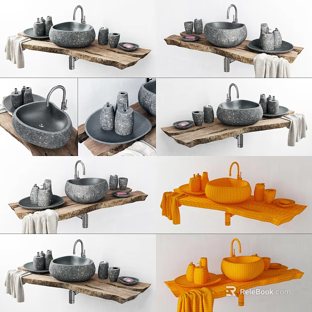 Modern Stone Washbasin with Wooden Countertop and Toiletries Towel Decor 3d model 