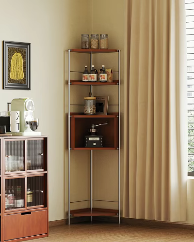 Multi tiered Metal And Wooden Shelf With Bottles Jars Coffee Machine And Cabinet 3d model