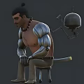 Game Movie Character With Metallic Prosthetic Arms Shirtless Torso Beaded Necklace Metal Helmet Samurai Sword Sitting