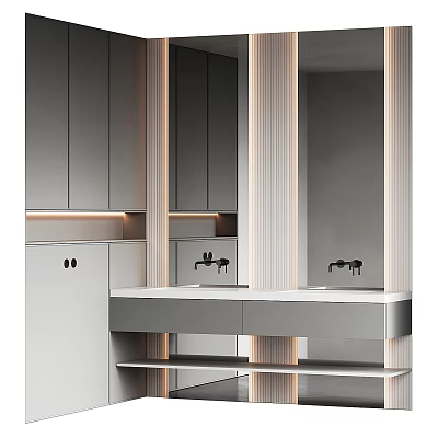 Modern Bathroom Vanity Design With Double Washbasin Mirror Storage Cabinets And Ambient Lighting 3d model