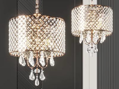 Elegant Modern Crystal Chandeliers With Grid Design Shades And Hanging Crystal Pendants 3d model