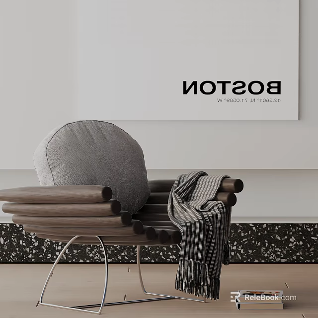Stylish Lounge Chair With Gray Padded Backrest Wooden Armrests And Striped Blanket 3d model 