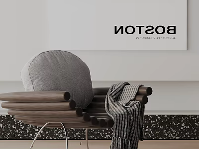 Stylish Lounge Chair With Gray Padded Backrest Wooden Armrests And Striped Blanket 3d model