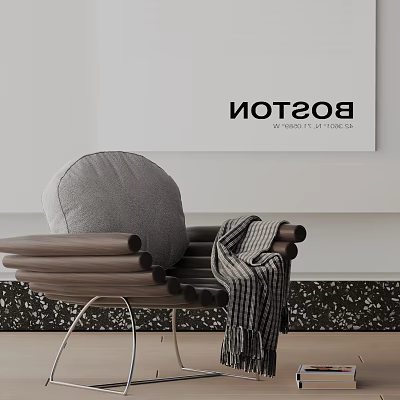 Stylish Lounge Chair With Gray Padded Backrest Wooden Armrests And Striped Blanket 3d model