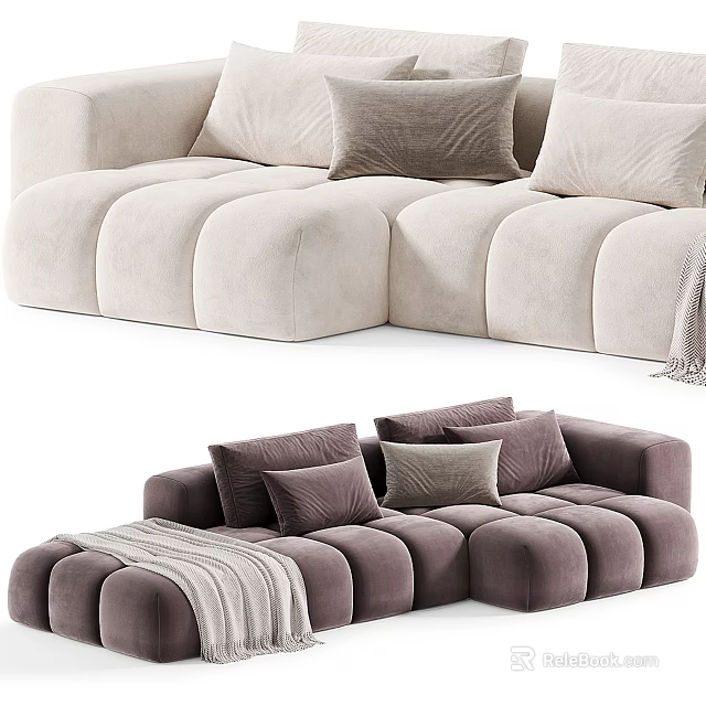 Modular Sectional Sofa With Soft Cushions Throw Blanket In Neutral And Deep Tones 3d model 