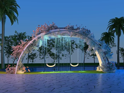 Outdoor Playground Equipment With Arched Swings Flower Decoration Palm Trees And Night Lighting 3d model