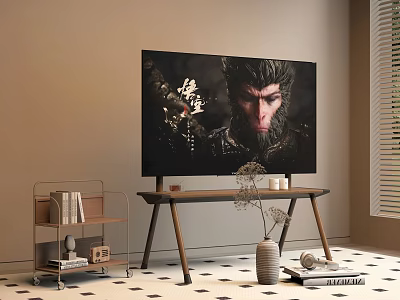 Modern TV On Wooden Stand In Living Room With Decorative Vase And Bookshelf 3d model