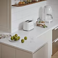 Modern Kitchen Interior With Wooden Shelf Black White Patterned Tiles Copper Pots And Marble Countertop