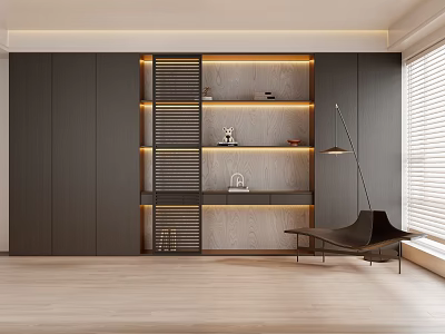 Modern Study Room Interior with Dark Cabinets Lit Bookshelves Floor Lamp and Accent Chair 3d model