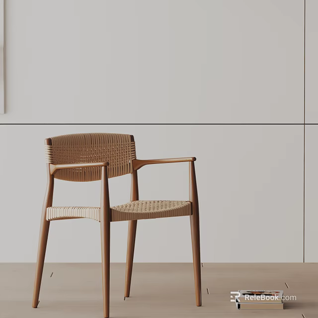 Modern Minimalist Dining Chair With Wooden Armrest And Woven Rattan Seat Back 3d model 