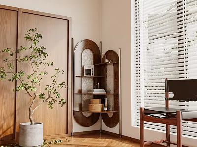 Modern Wooden Corner Shelving Unit In Minimalist Interior With Potted Plant And Window Blinds 3d model