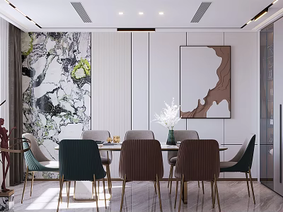 Modern Living Dining Room With Dining Table Colorful Chairs Artwork And Patterned Wall 3d model