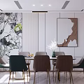 Modern Living Dining Room With Dining Table Colorful Chairs Artwork And Patterned Wall