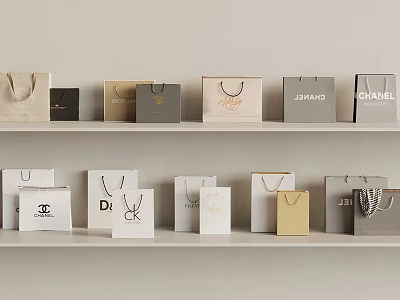 Luxury Brand Shopping Bags Display On White Shelves With Various Designs 3d model