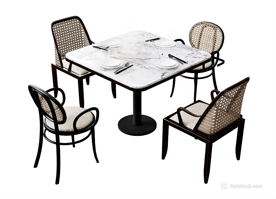 Modern Dining Table Set With Square Marble Top And Four Woven Backrest Chairs 3d model