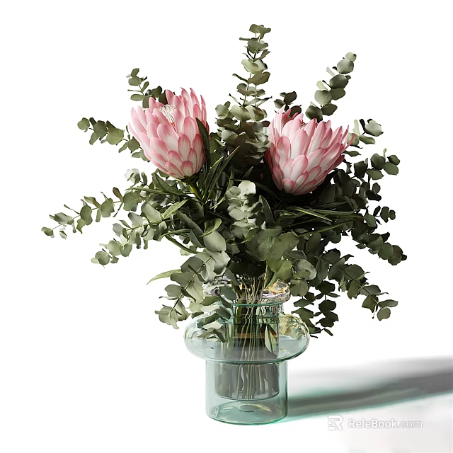 Pink Protea Flowers in Clear Glass Vase with Fresh Green Eucalyptus Leaves 3d model 