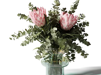 Pink Protea Flowers in Clear Glass Vase with Fresh Green Eucalyptus Leaves 3d model