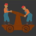 Colorful Wooden Toy With Worker Figures Red Hats Orange Shirts Blue Pants And Wheeled Base