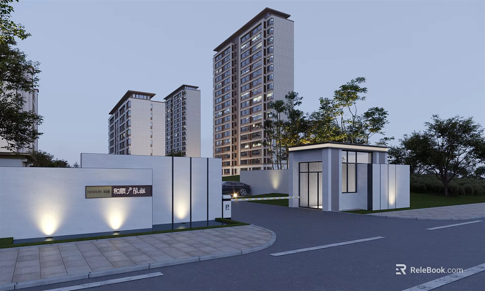 Modern Entrance Gate Design For High Rise Residential Buildings With Landscaping And Lighting 3d model 