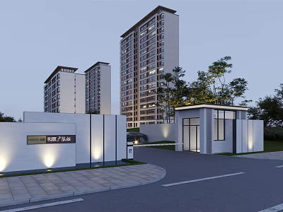 Modern Entrance Gate Design For High Rise Residential Buildings With Landscaping And Lighting 3d model
