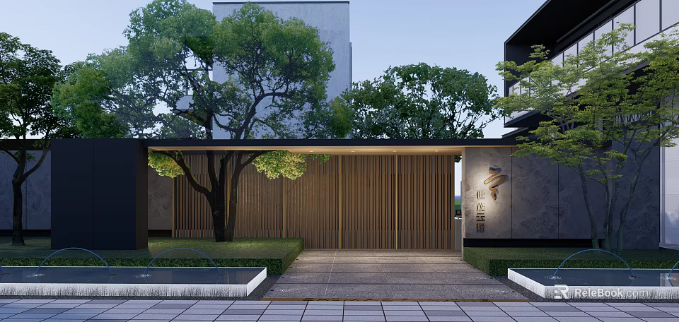 Modern Entrance Gate With Wooden Slats Surrounded By Trees And Lawn 3d model 