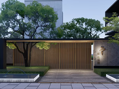 Modern Entrance Gate With Wooden Slats Surrounded By Trees And Lawn 3d model