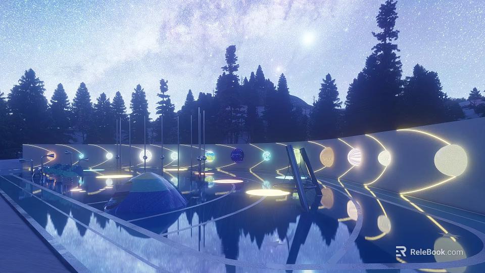 Children's Play Area In Starry Night Forest With Illuminated Circular Designs And Pool Reflections 3d model 