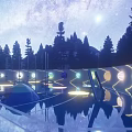 Children's Play Area In Starry Night Forest With Illuminated Circular Designs And Pool Reflections