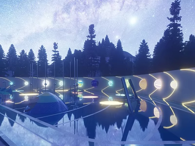 Children's Play Area In Starry Night Forest With Illuminated Circular Designs And Pool Reflections 3d model