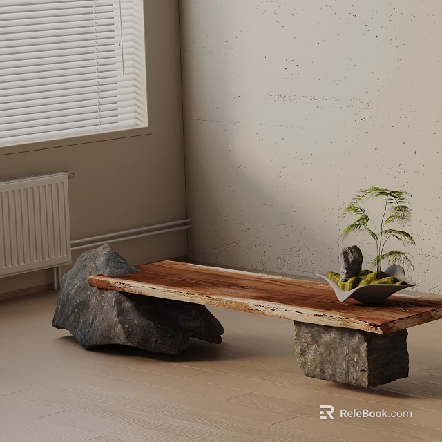 Wooden Bench With Rock Legs In Room Corner Featuring Small Plant And Window Blinds 3d model 