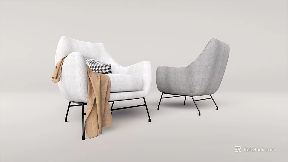 White And Gray Accent Chairs With Checkered Pillow Brown Throw Blanket And Metal Legs 3d model 