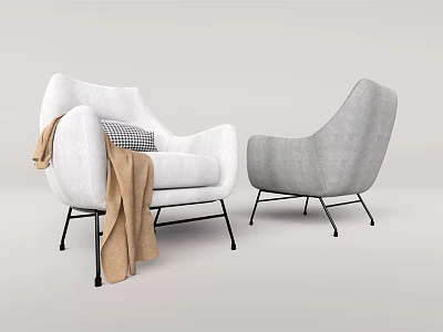 White And Gray Accent Chairs With Checkered Pillow Brown Throw Blanket And Metal Legs 3d model