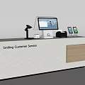 Reception Desk With Smiling Customer Service Sign Computer Monitor POS Machine Microphone And Wooden Section